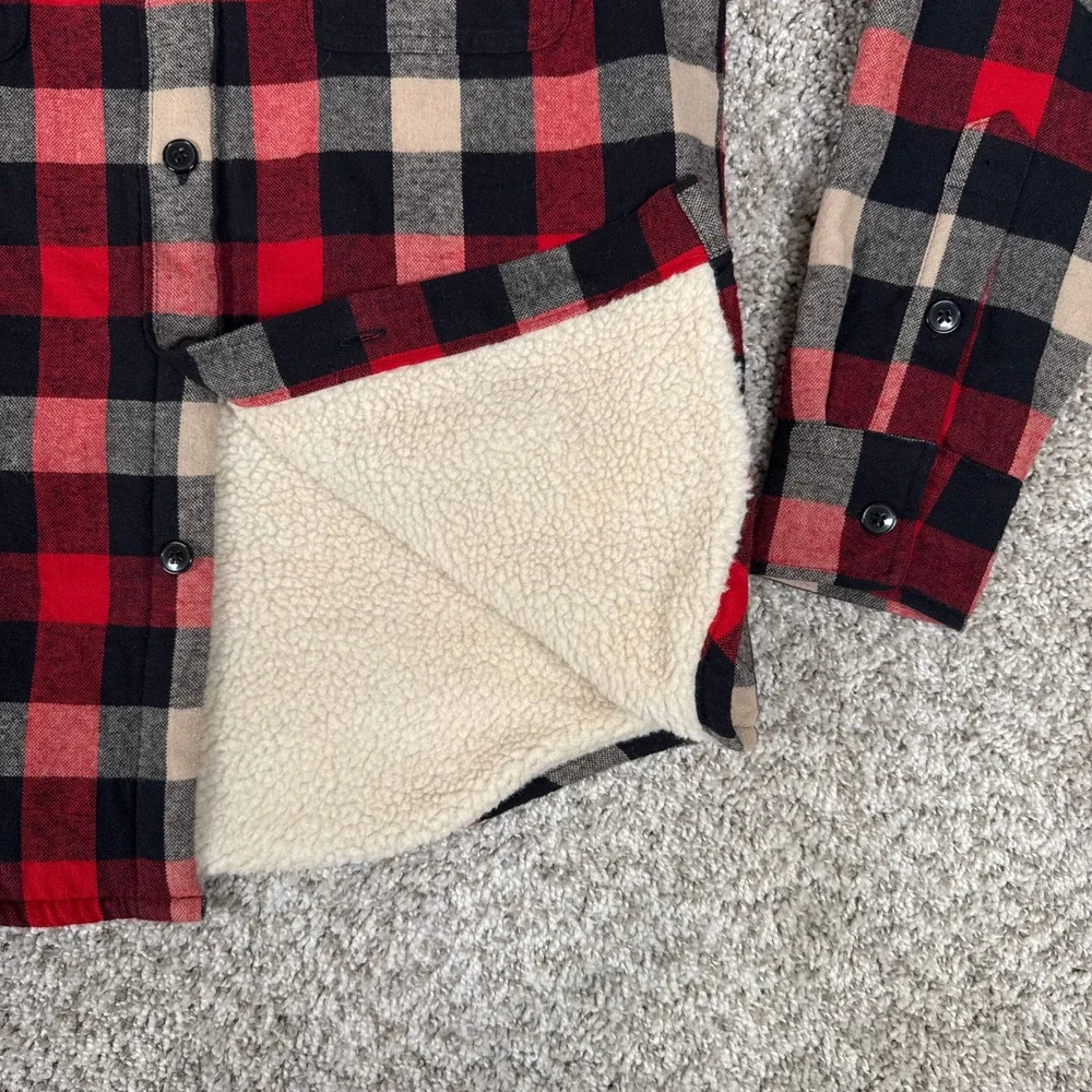 J Crew Shirt Jacket Mens XS Red Black Plaid Flannel Sherpa Lined Button Up G7023